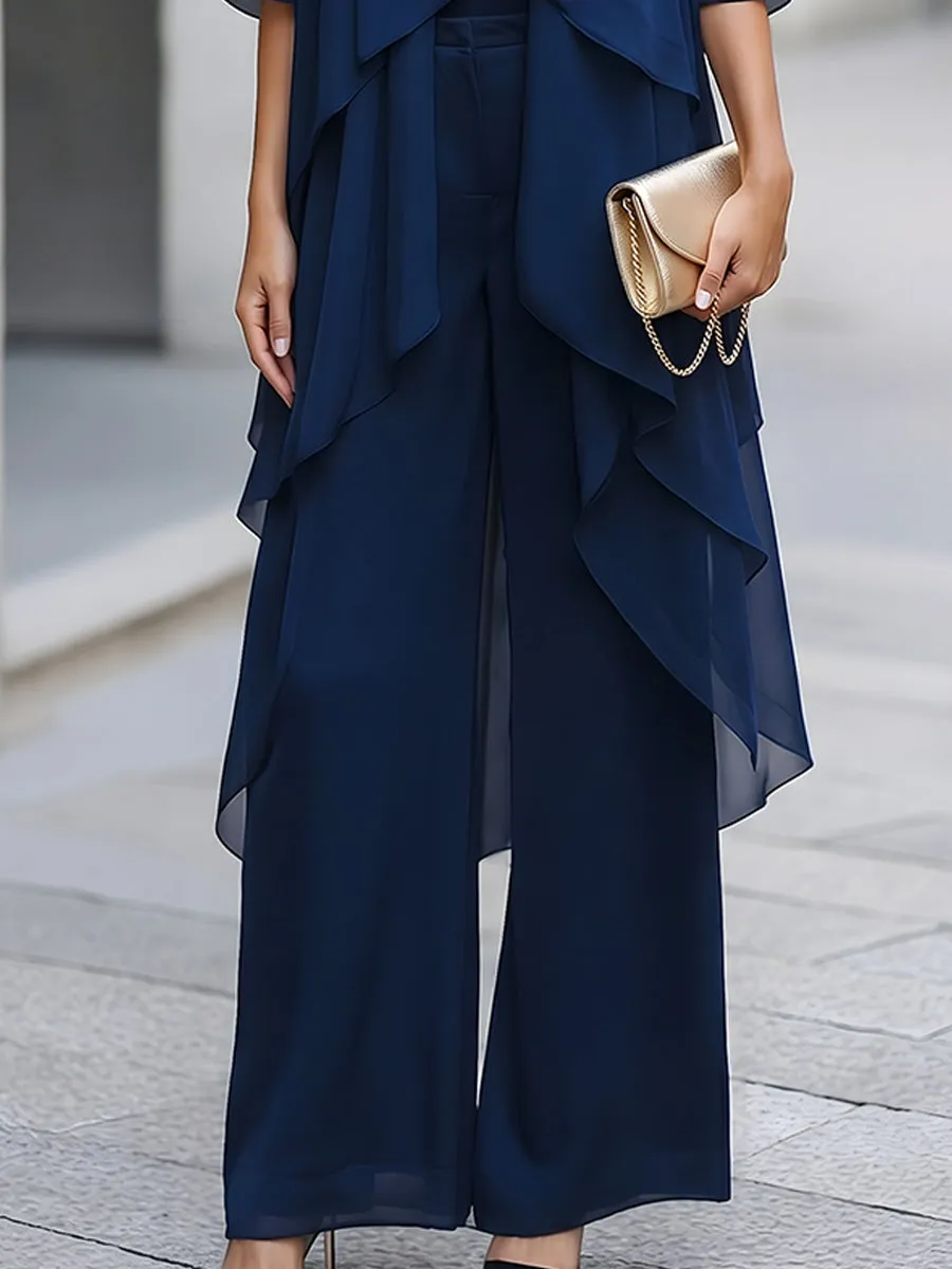 Layered Chiffon Overlay Top And Wide-Leg Trousers Two-Piece Set sold by Mooyius product image thumbnail 2