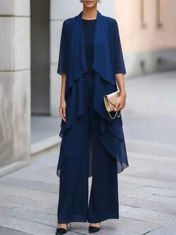 Layered Chiffon Overlay Top And Wide-Leg Trousers Two-Piece Set made by Mooyius