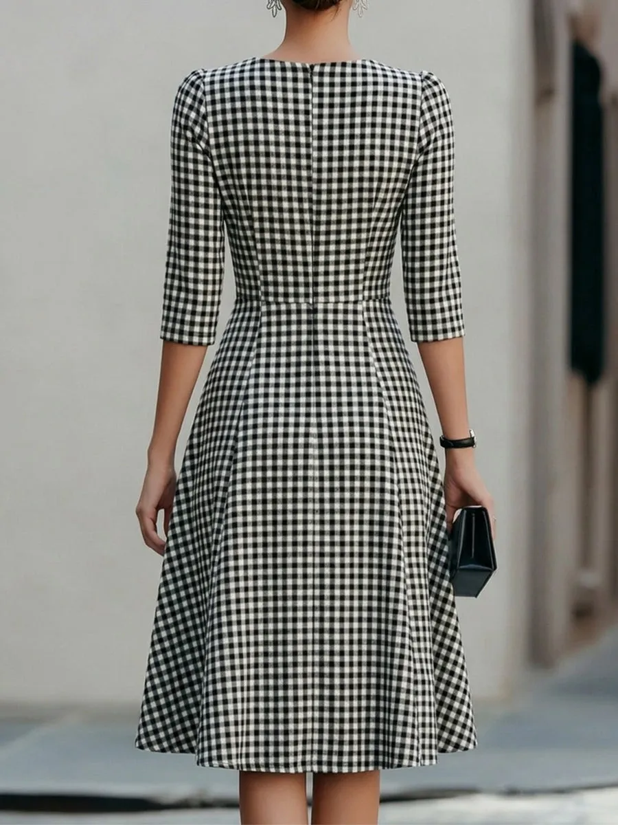 Black & White Gingham Round Neck 3/4 Sleeve Fit-and-Flare Midi Dress sold by Mooyius product image thumbnail 2