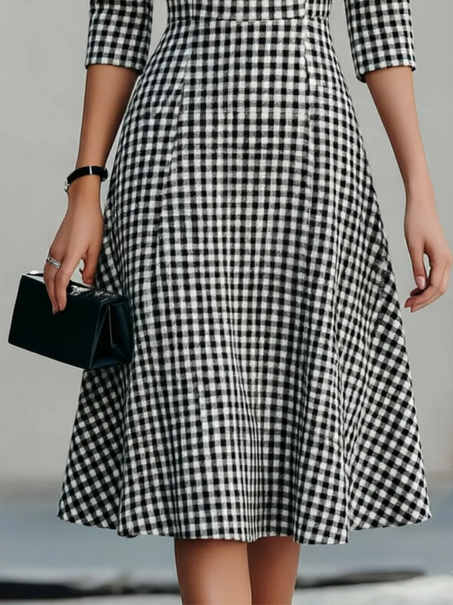 Black & White Gingham Round Neck 3/4 Sleeve Fit-and-Flare Midi Dress sold by Mooyius product image thumbnail 4