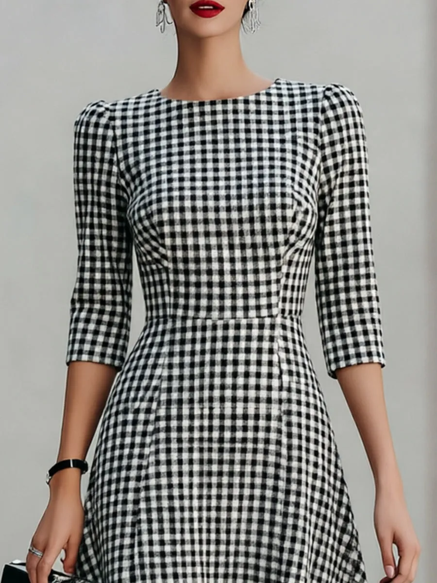 Black & White Gingham Round Neck 3/4 Sleeve Fit-and-Flare Midi Dress sold by Mooyius product image thumbnail 3