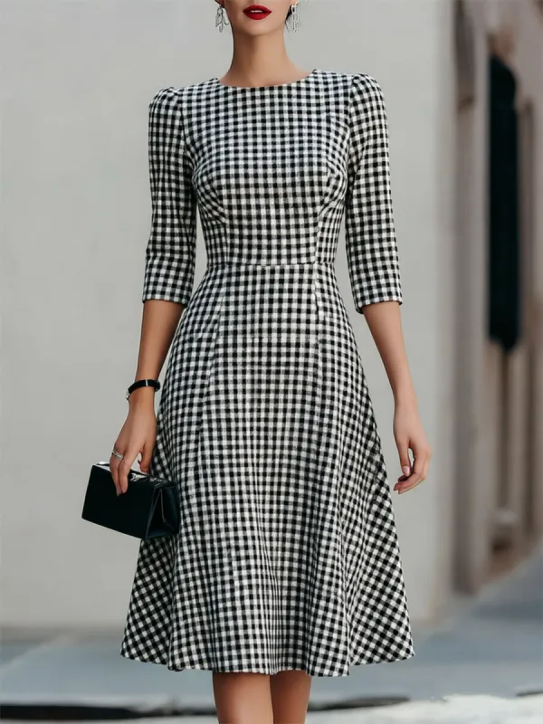 Black & White Gingham Round Neck 3/4 Sleeve Fit-and-Flare Midi Dress made by Something Navy