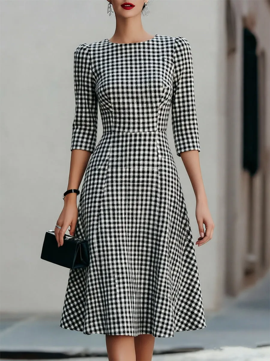 Black & White Gingham Round Neck 3/4 Sleeve Fit-and-Flare Midi Dress sold by Mooyius