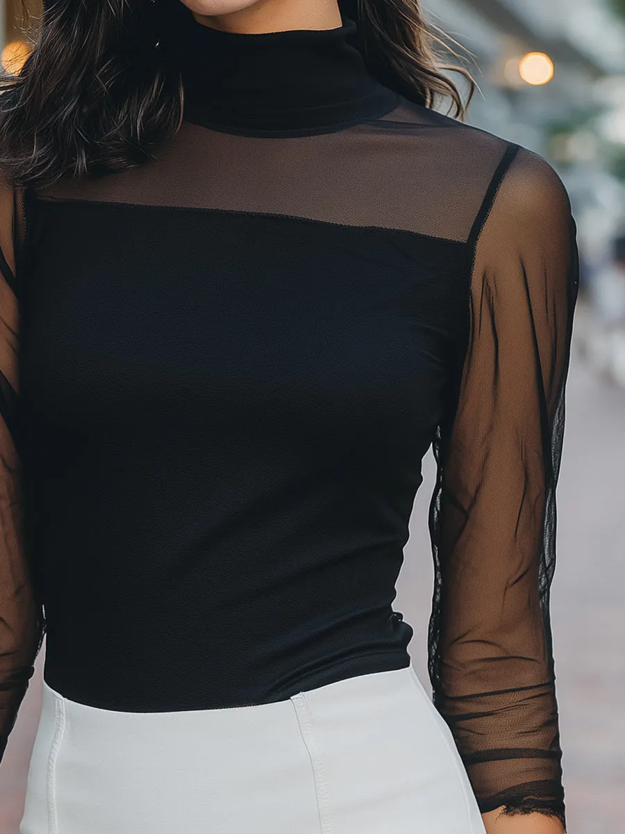 Sheer-Sleeve High-Neck Fitted Top sold by Mooyius product image thumbnail 4