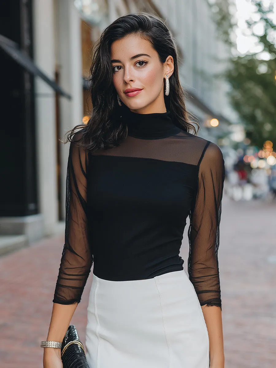 Sheer-Sleeve High-Neck Fitted Top sold by Mooyius product image thumbnail 2