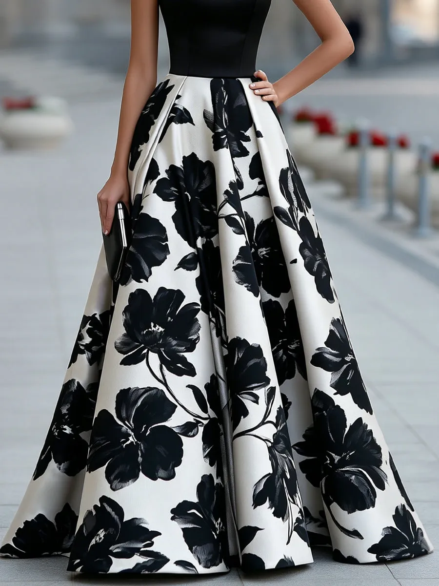 Sleeveless Boat Neck Floral Full Skirt Maxi Dress sold by Mooyius product image thumbnail 3
