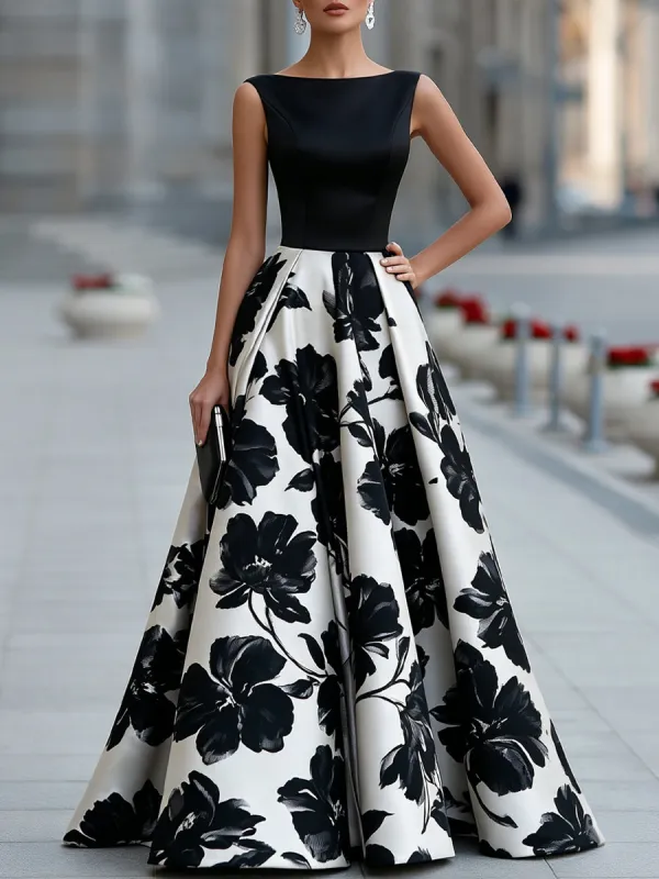 Sleeveless Boat Neck Floral Full Skirt Maxi Dress made by Mooyius