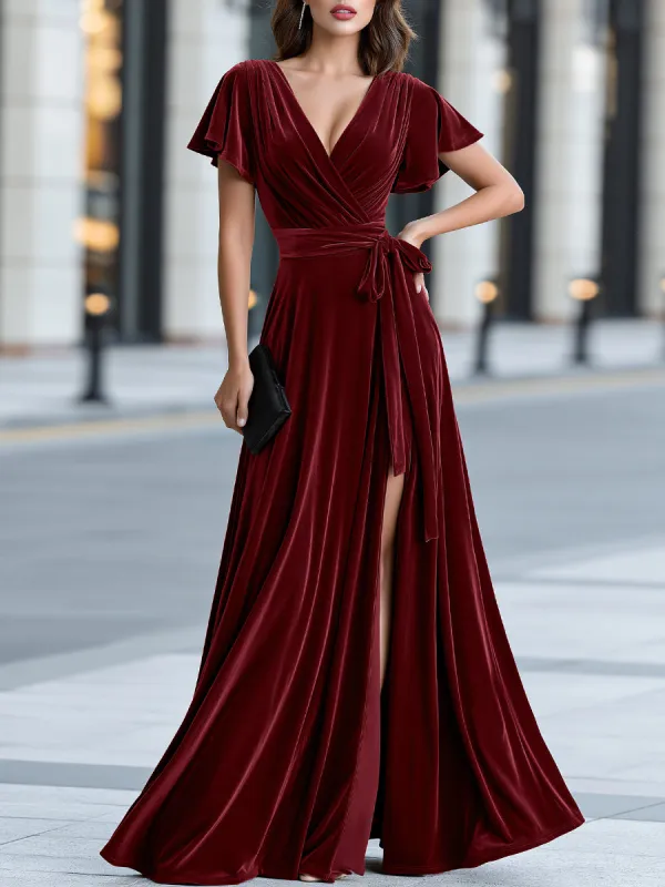 Flutter Sleeves Velvet Wrap Maxi Dress made by Mooyius