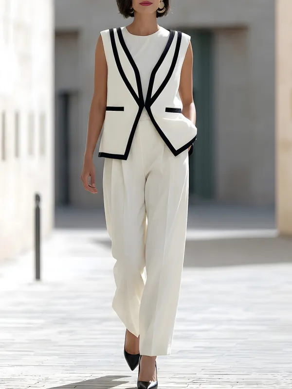 Contrast Trim Sleeveless Vest And Wide-Leg Pants Set made by Mooyius