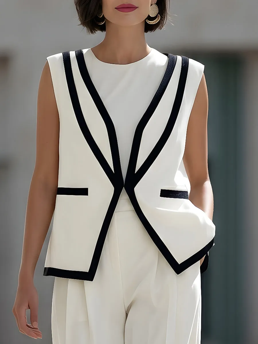 Contrast Trim Sleeveless Vest And Wide-Leg Pants Set sold by Mooyius product image thumbnail 2