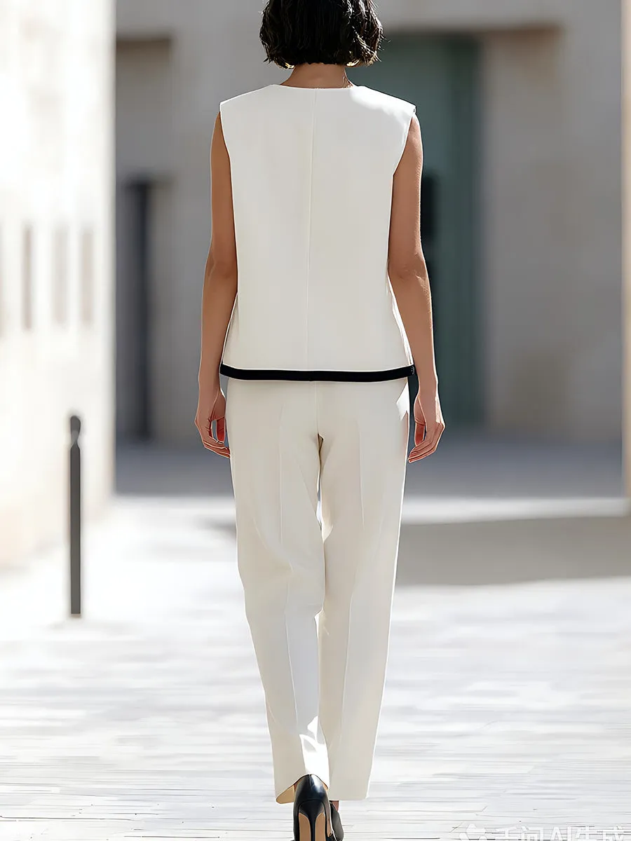 Contrast Trim Sleeveless Vest And Wide-Leg Pants Set sold by Mooyius product image thumbnail 4