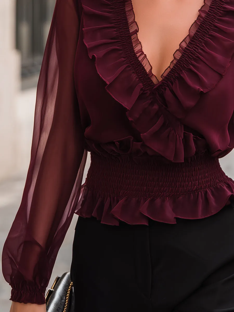 Romantic Ruffle Trim Smocked Waist Chiffon Blouse sold by Mooyius product image thumbnail 3