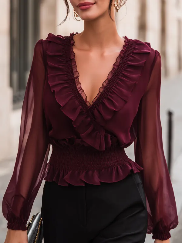 Romantic Ruffle Trim Smocked Waist Chiffon Blouse made by Mooyius