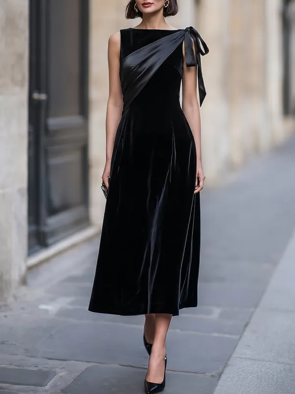 Sophisticated Velvet Midi Dress With Satin Shoulder Bow made by Mooyius