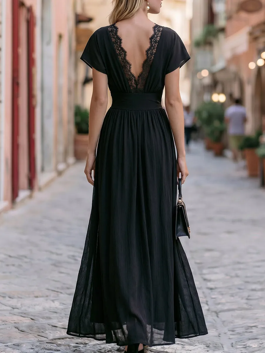 V-Neck Lace Trim Maxi Dress With Flutter Sleeves sold by Mooyius product image thumbnail 4