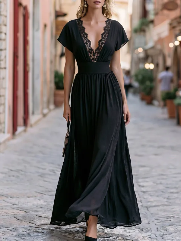 V-Neck Lace Trim Maxi Dress With Flutter Sleeves made by Mooyius