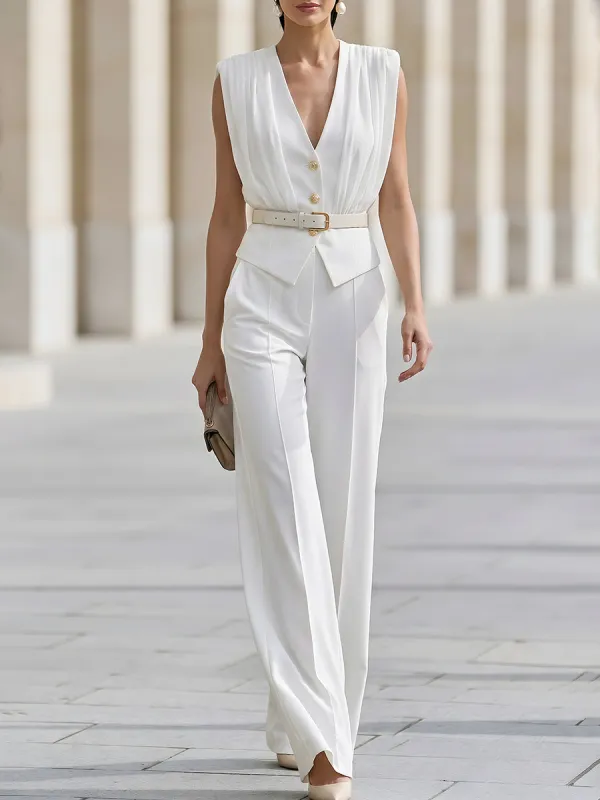 Sleeveless Pleated Shoulder Blazer & Wide-Leg Pants Set made by Mooyius