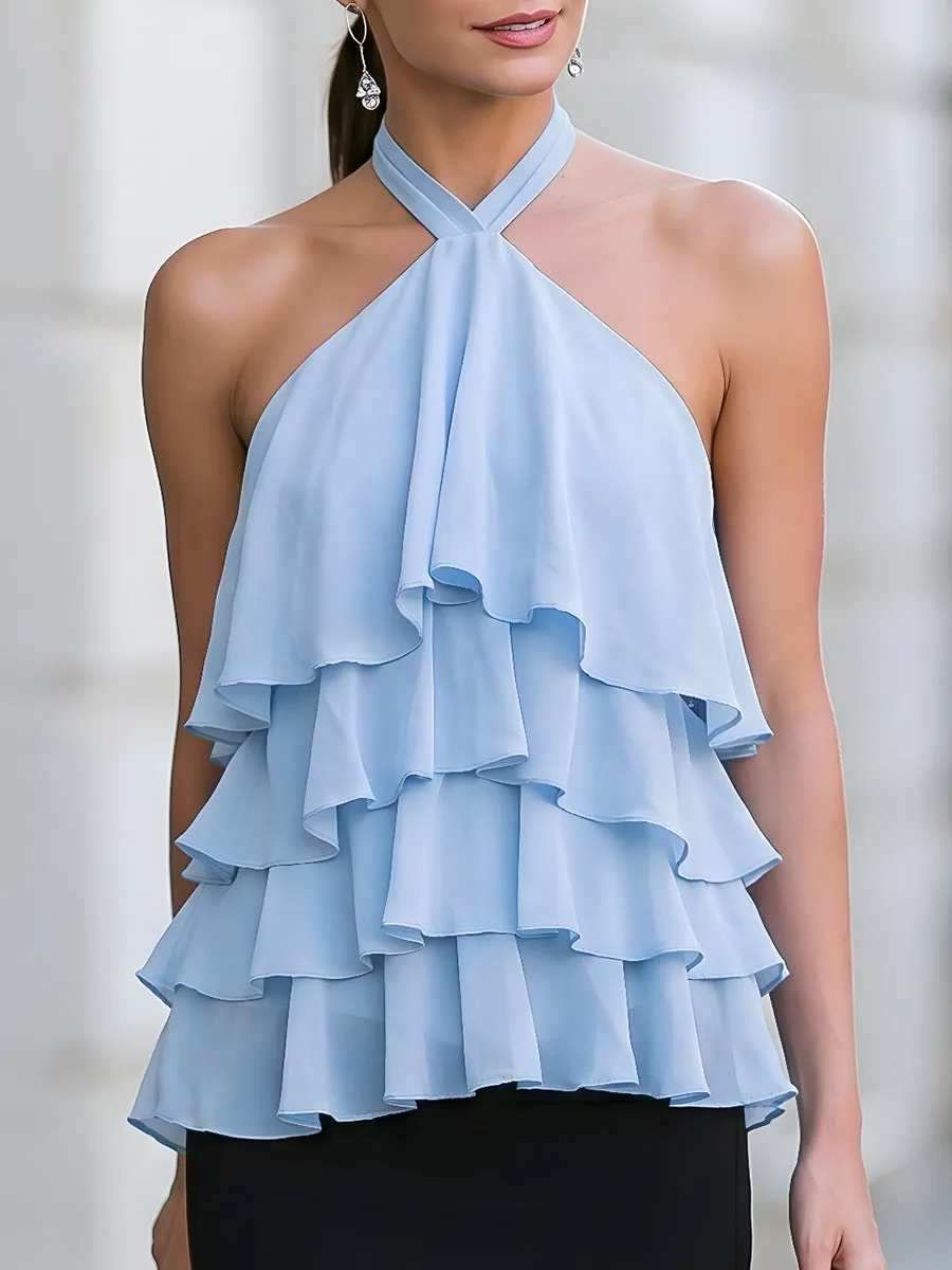 Halter-Neck Layered Ruffle Chiffon Top sold by Mooyius
