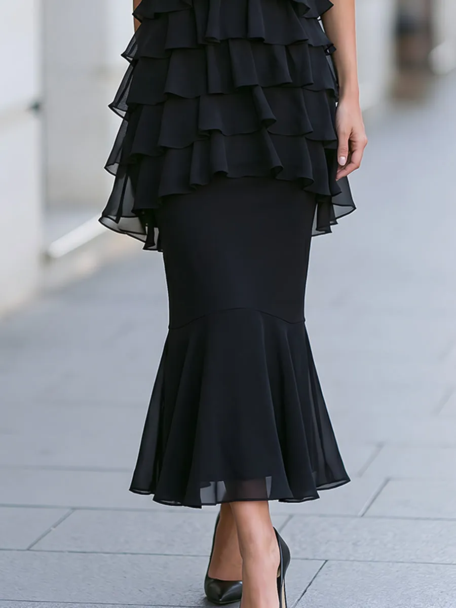 Halter-Neck Layered Ruffle Mermaid Maxi Dress sold by Mooyius product image thumbnail 3