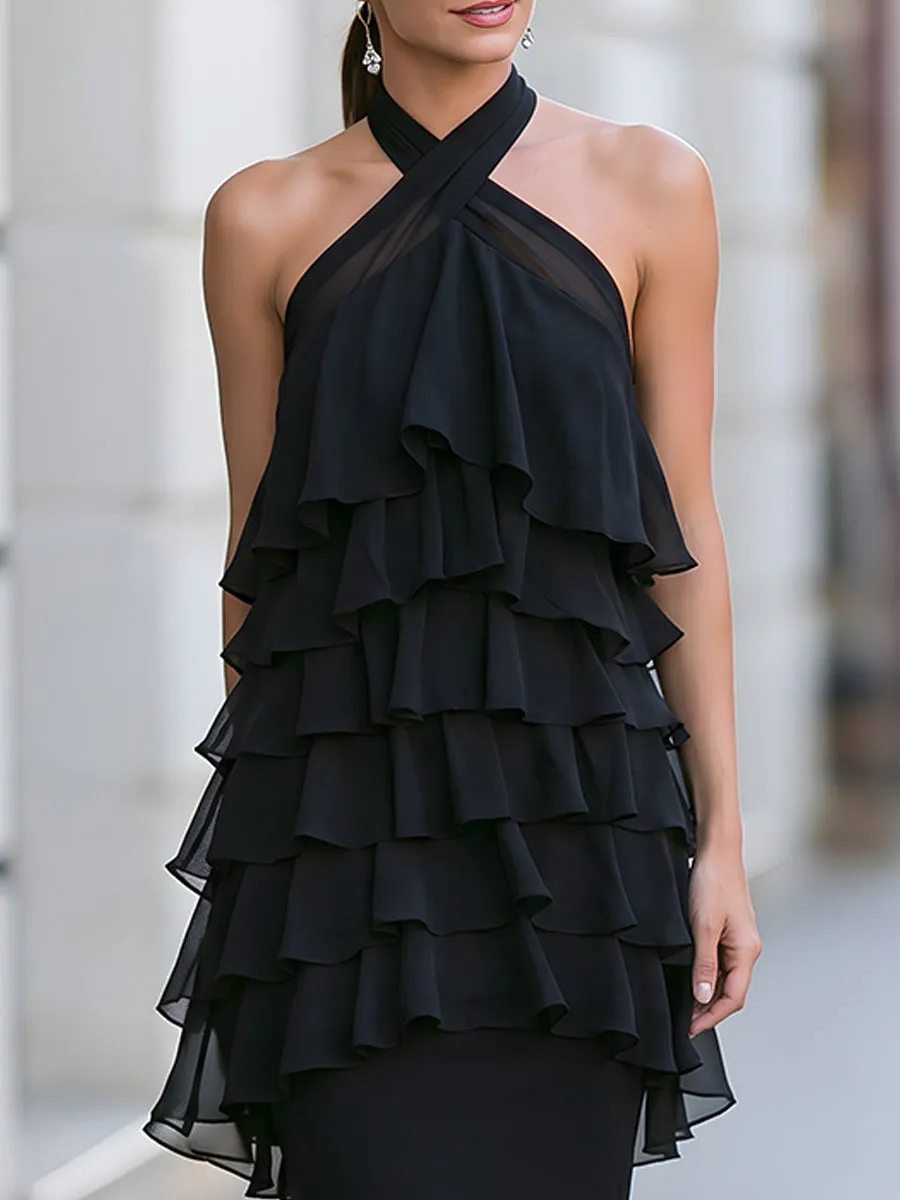 Halter-Neck Layered Ruffle Mermaid Maxi Dress sold by Mooyius product image thumbnail 2