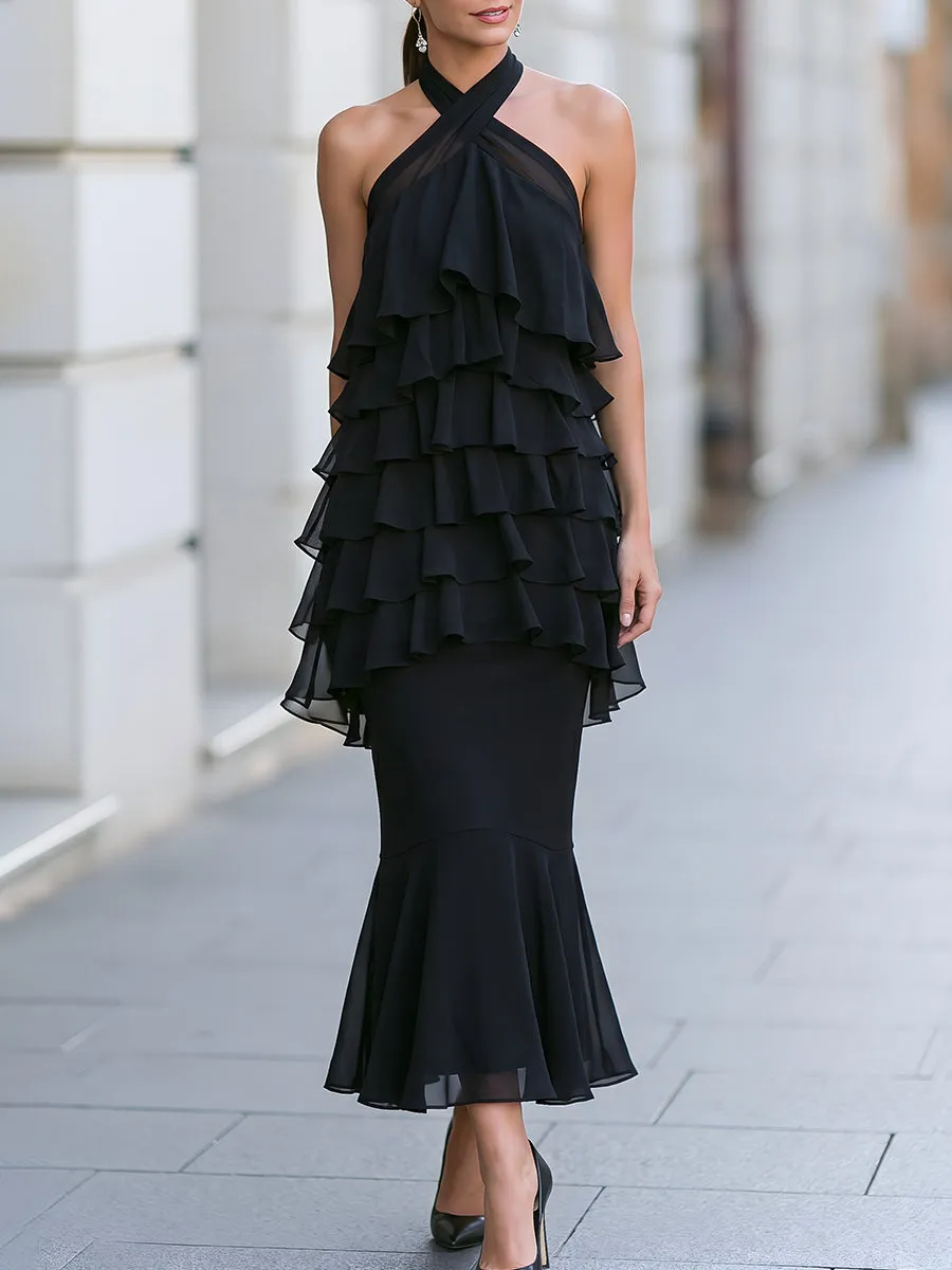 Halter-Neck Layered Ruffle Mermaid Maxi Dress sold by Mooyius