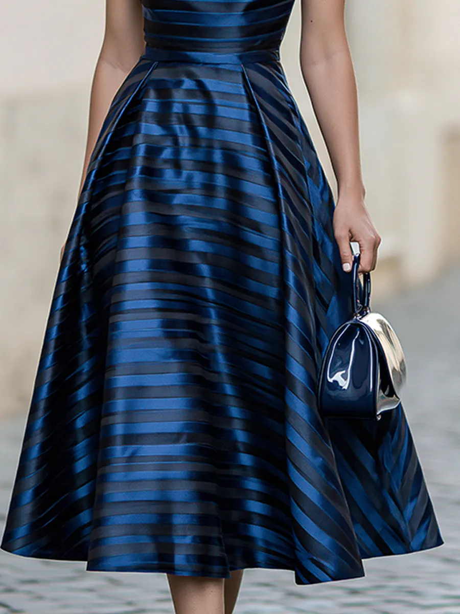 Elegant Draped Neckline Striped A-Line Midi Dress sold by Mooyius product image thumbnail 5