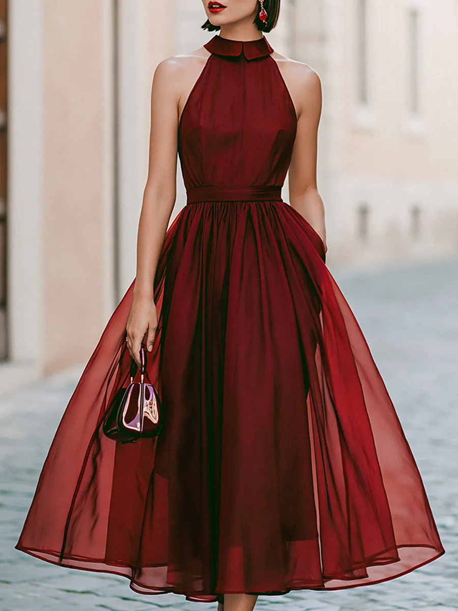 Elegant Sleeveless Halter Midi Dress With Flowing Skirt sold by Mooyius