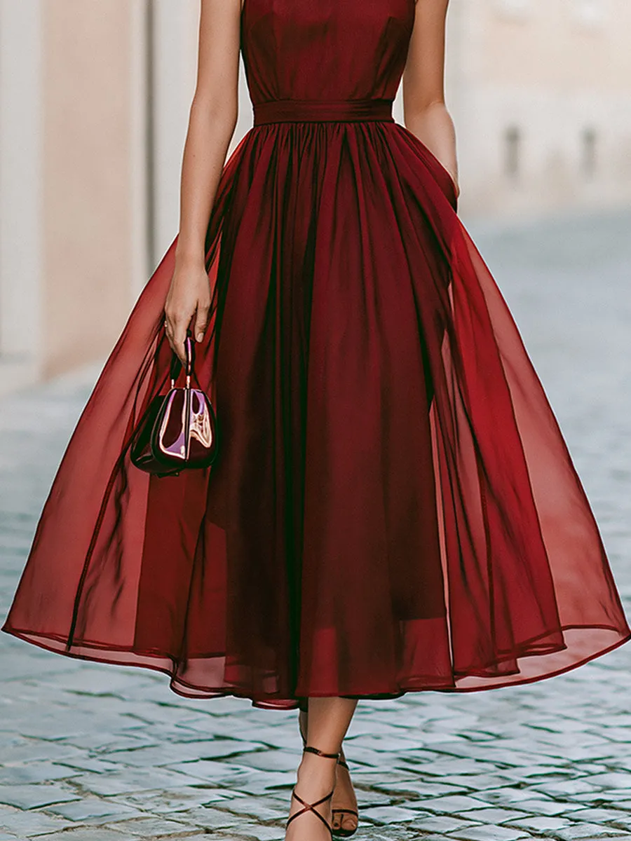 Elegant Sleeveless Halter Midi Dress With Flowing Skirt sold by Mooyius product image thumbnail 4