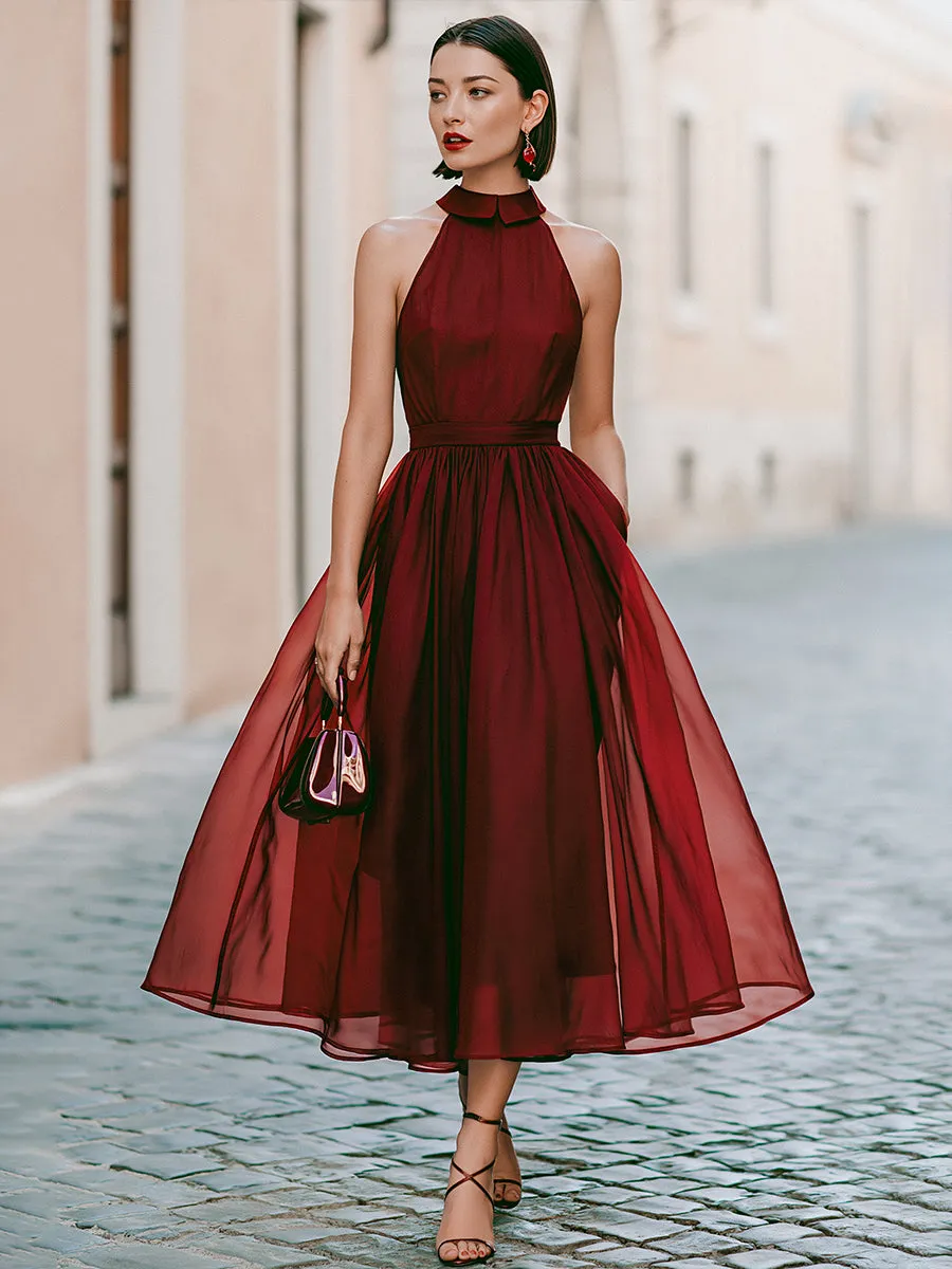 Elegant Sleeveless Halter Midi Dress With Flowing Skirt sold by Mooyius product image thumbnail 2