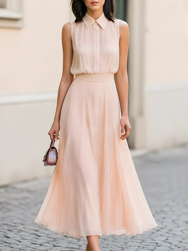 Sleeveless Collared Chiffon Maxi Dress With Flowing A-Line Skirt made by Mooyius