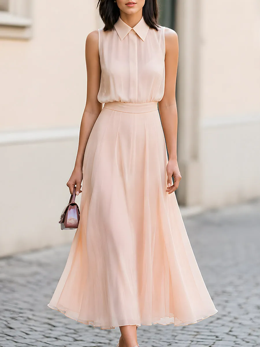 Sleeveless Collared Chiffon Maxi Dress With Flowing A-Line Skirt sold by Mooyius