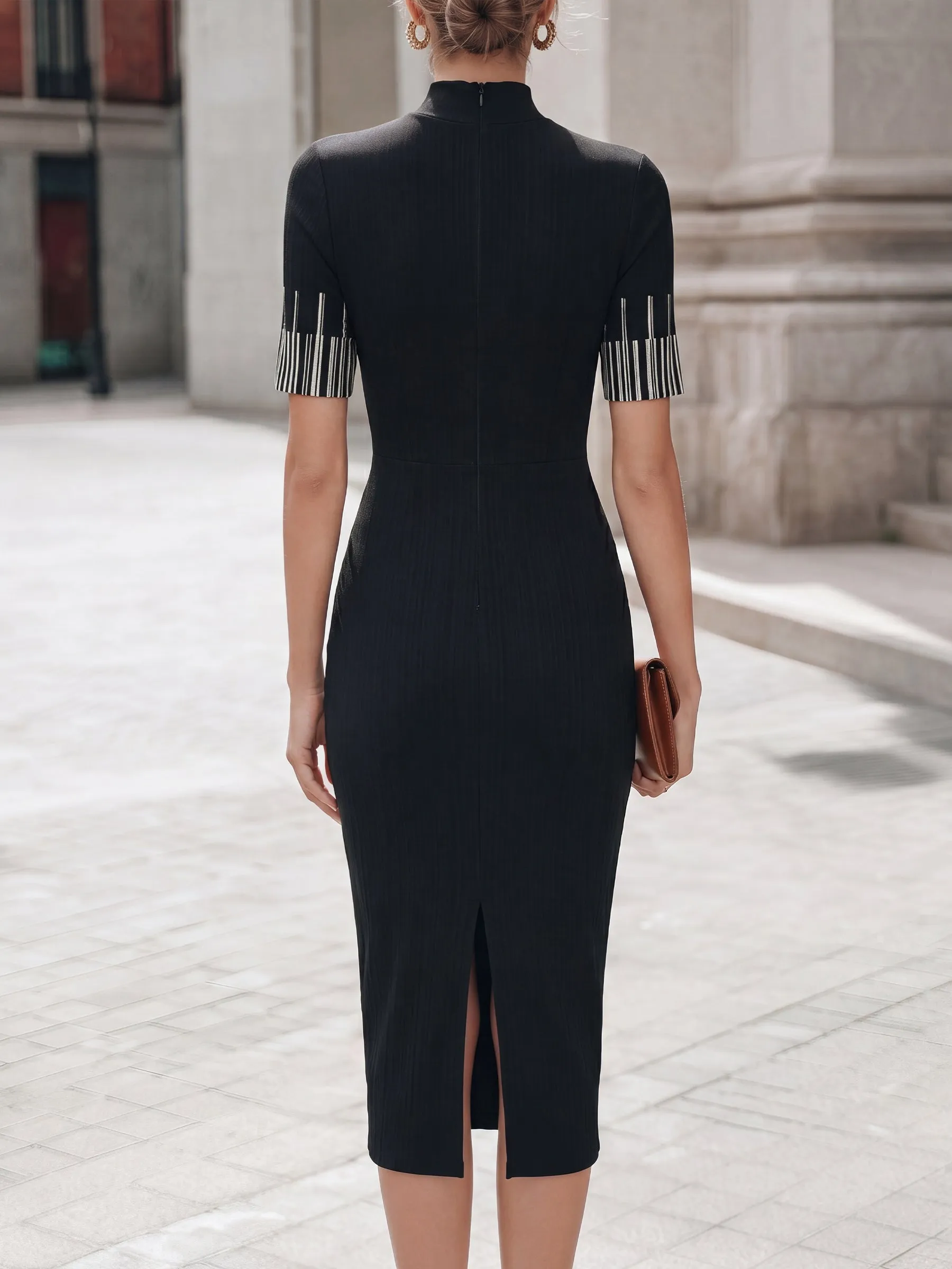 Mock Neck Contrasting Striped Sleeve Knit Midi Dress sold by Mooyius product image thumbnail 2