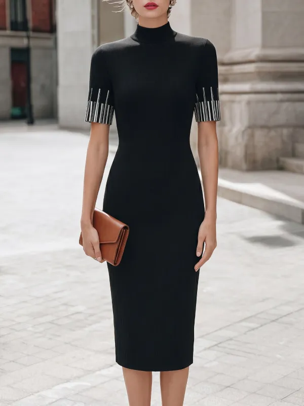 Mock Neck Contrasting Striped Sleeve Knit Midi Dress made by Mooyius
