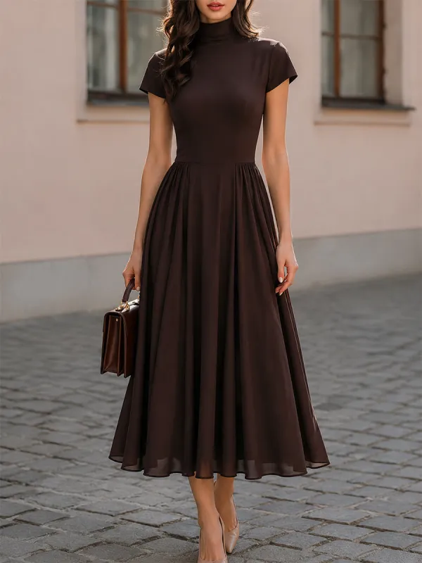 Mock Neck Short Sleeve Fit-and-Flare Midi Dress made by Something Navy
