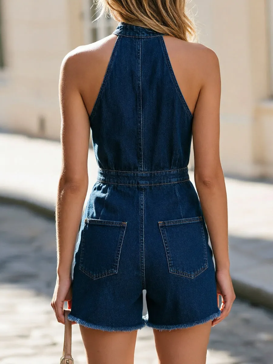 Dark Denim Halter Neck Front Zip Fringe Hem Romper sold by Mooyius product image thumbnail 2