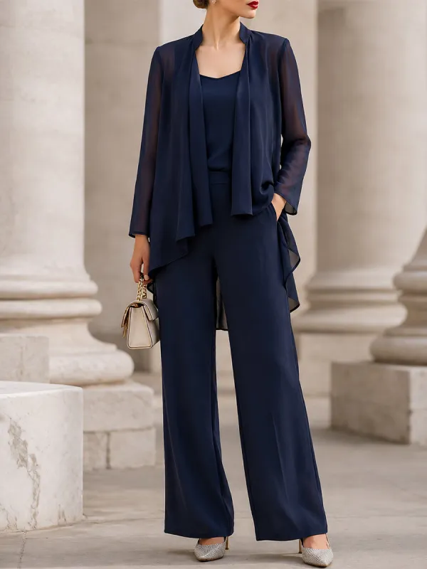 Chiffon Sheer Cardigan & Cami & High-Waist Wide Leg Pants 3-Piece Set made by Something Navy