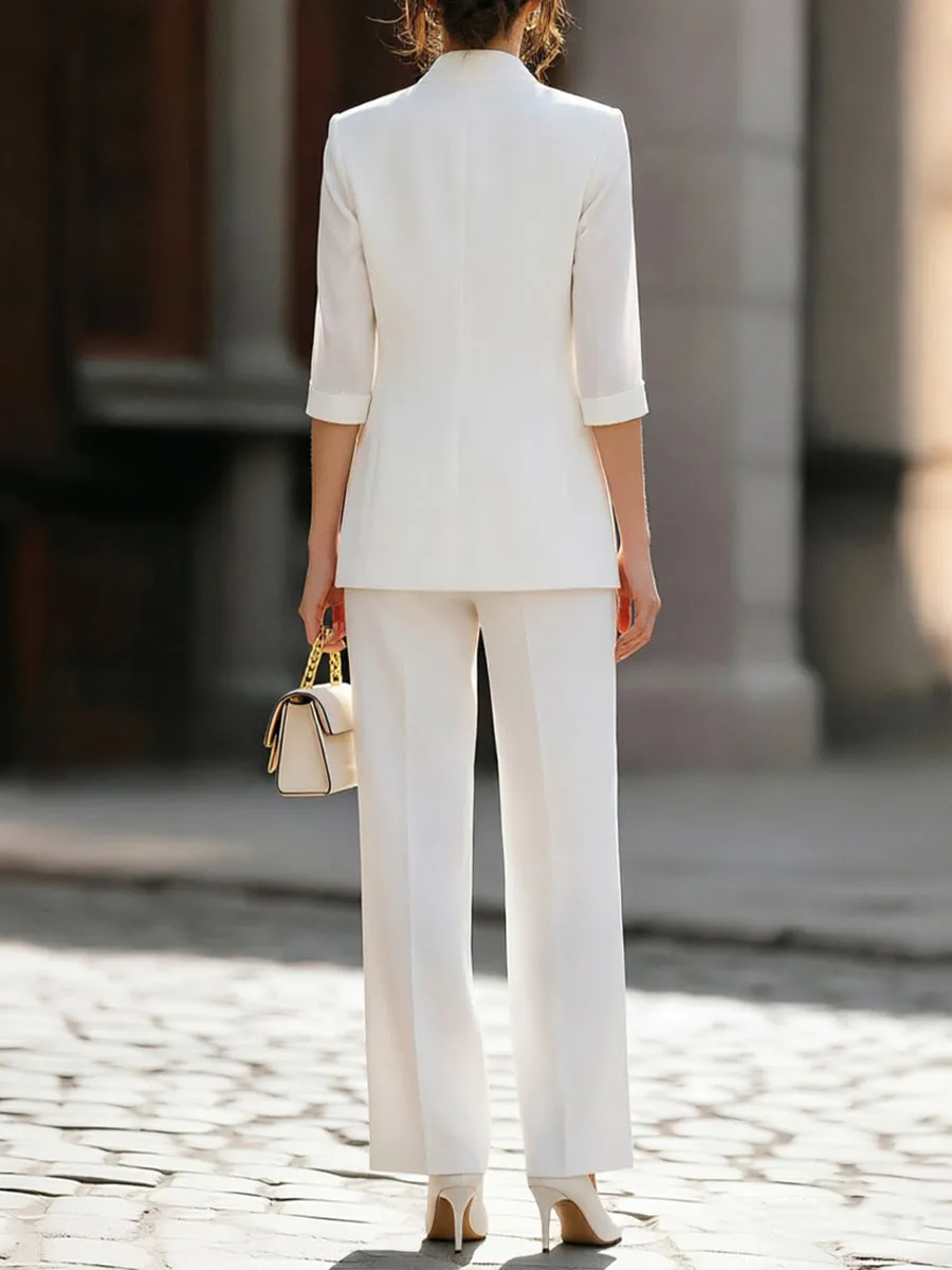 Sheer Sleeve Double-Breasted Blazer & Wide Leg Pants Suit Set sold by Mooyius product image thumbnail 2