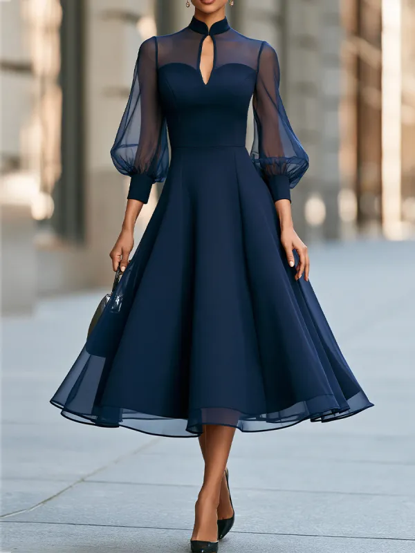 Keyhole Neck Sheer Puff Sleeve Flared Midi Dress made by Something Navy