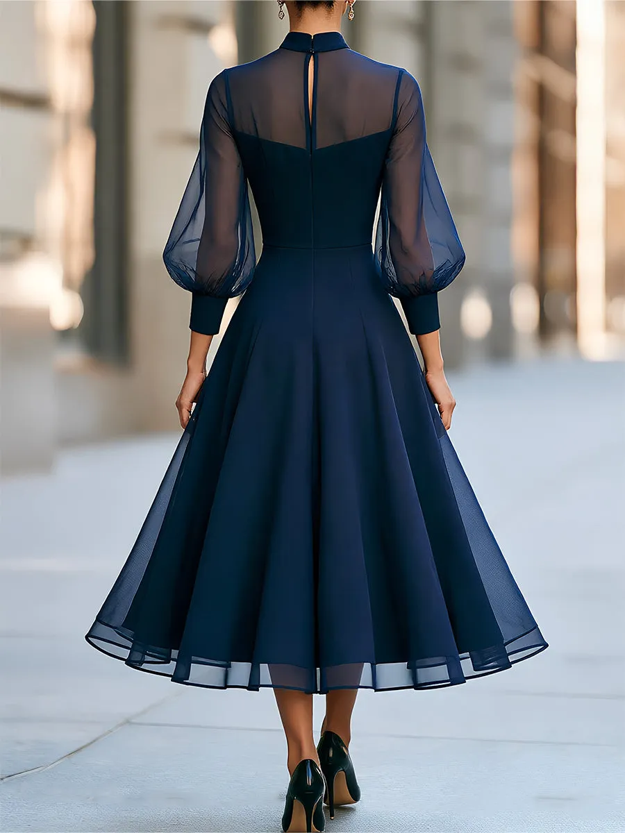 Keyhole Neck Sheer Puff Sleeve Flared Midi Dress sold by Mooyius product image thumbnail 2