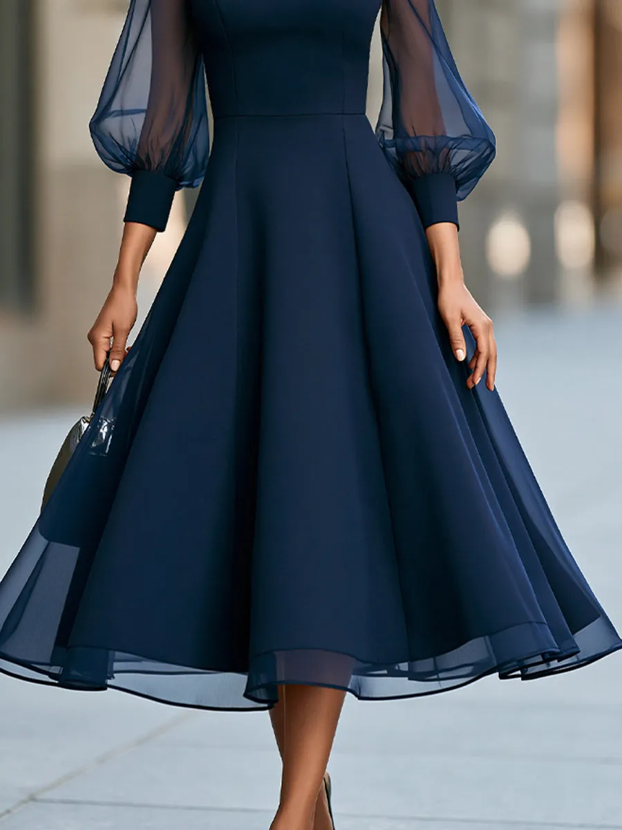 Keyhole Neck Sheer Puff Sleeve Flared Midi Dress sold by Mooyius product image thumbnail 4