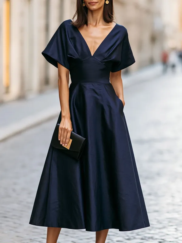 V-Neck Flutter-Sleeve A-Line Midi Dress made by Mooyius