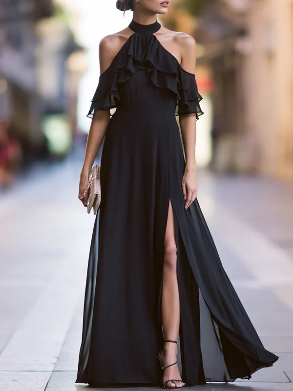 Ruffle Chiffon Halter Neck Maxi Dress With High Slit made by Mooyius
