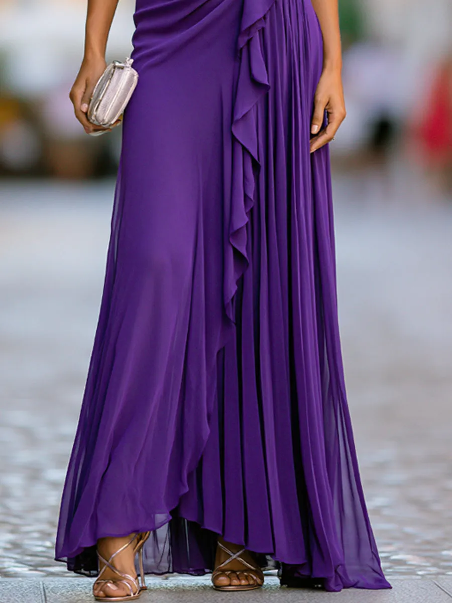 One-Shoulder Tiered Ruffle Chiffon Maxi Dress sold by Mooyius product image thumbnail 5