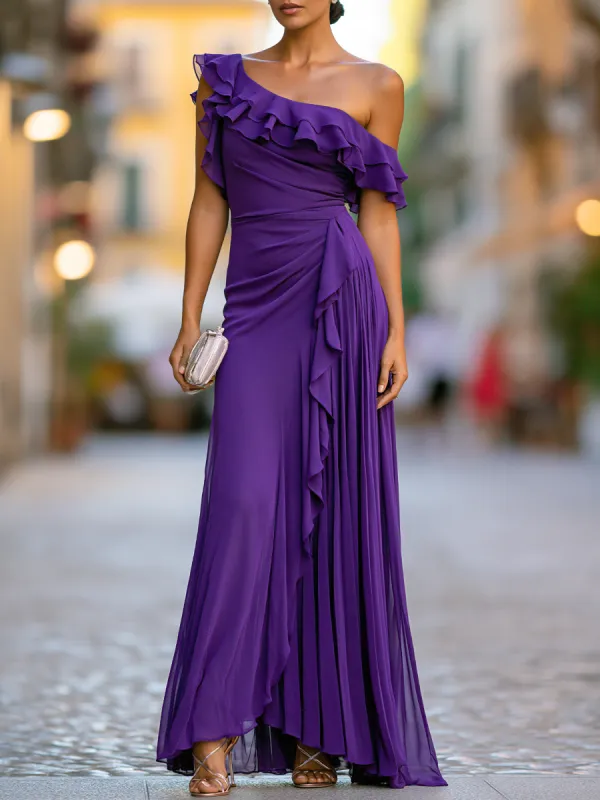 One-Shoulder Tiered Ruffle Chiffon Maxi Dress made by Mooyius