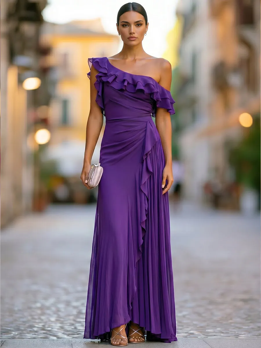 One-Shoulder Tiered Ruffle Chiffon Maxi Dress sold by Mooyius product image thumbnail 3
