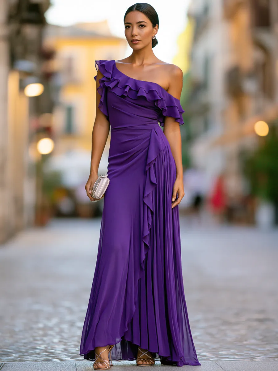 One-Shoulder Tiered Ruffle Chiffon Maxi Dress sold by Mooyius product image thumbnail 2