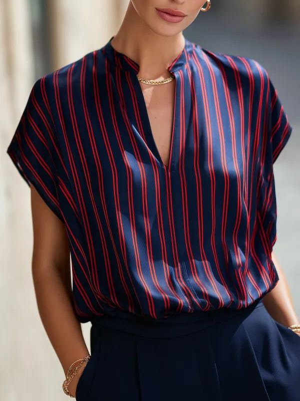 Stand Collar Split Neck Striped Satin Dolman Blouse made by Mooyius