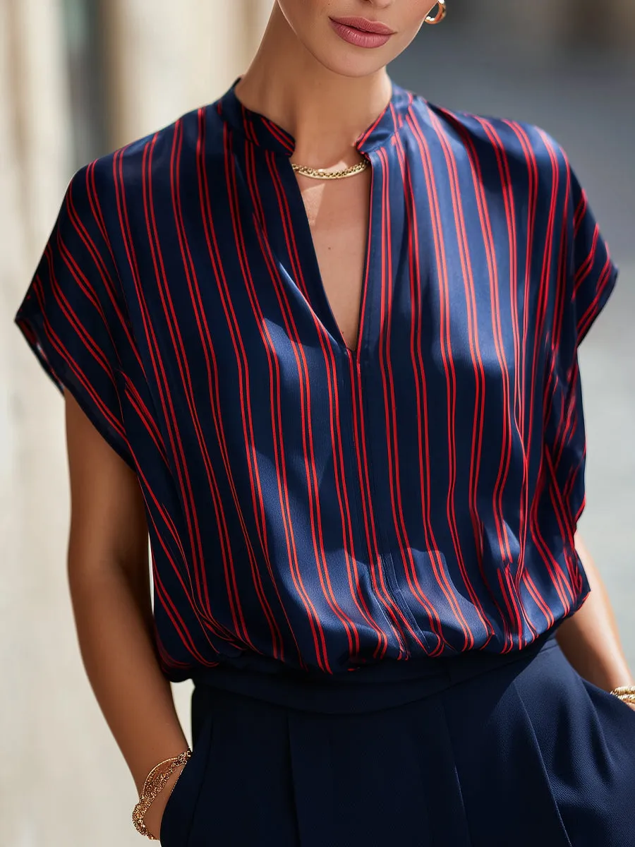 Stand Collar Split Neck Striped Satin Dolman Blouse sold by Mooyius