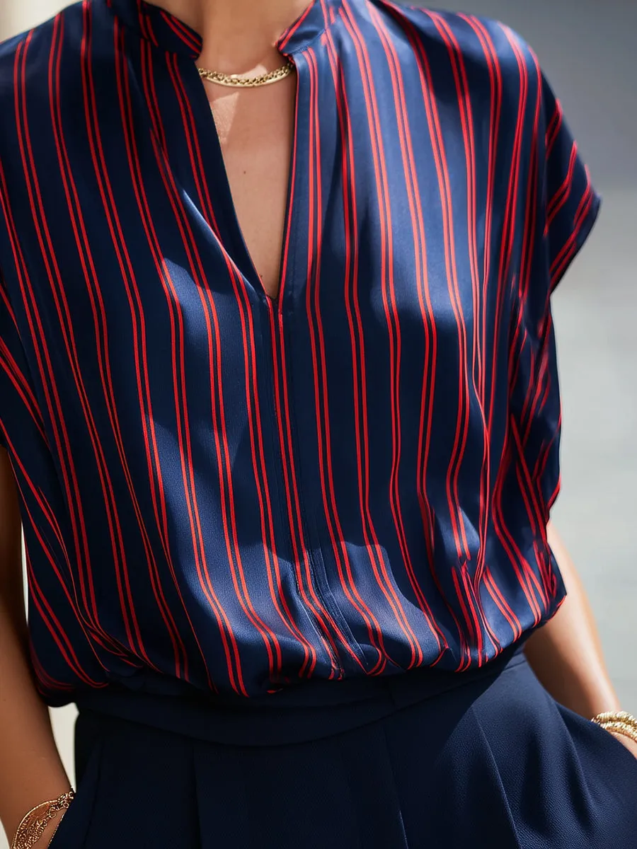 Stand Collar Split Neck Striped Satin Dolman Blouse sold by Mooyius product image thumbnail 4