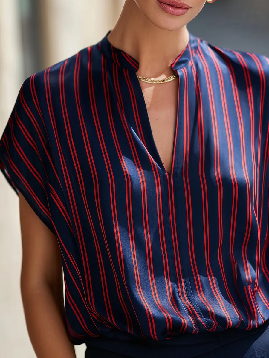 Stand Collar Split Neck Striped Satin Dolman Blouse sold by Mooyius product image thumbnail 3